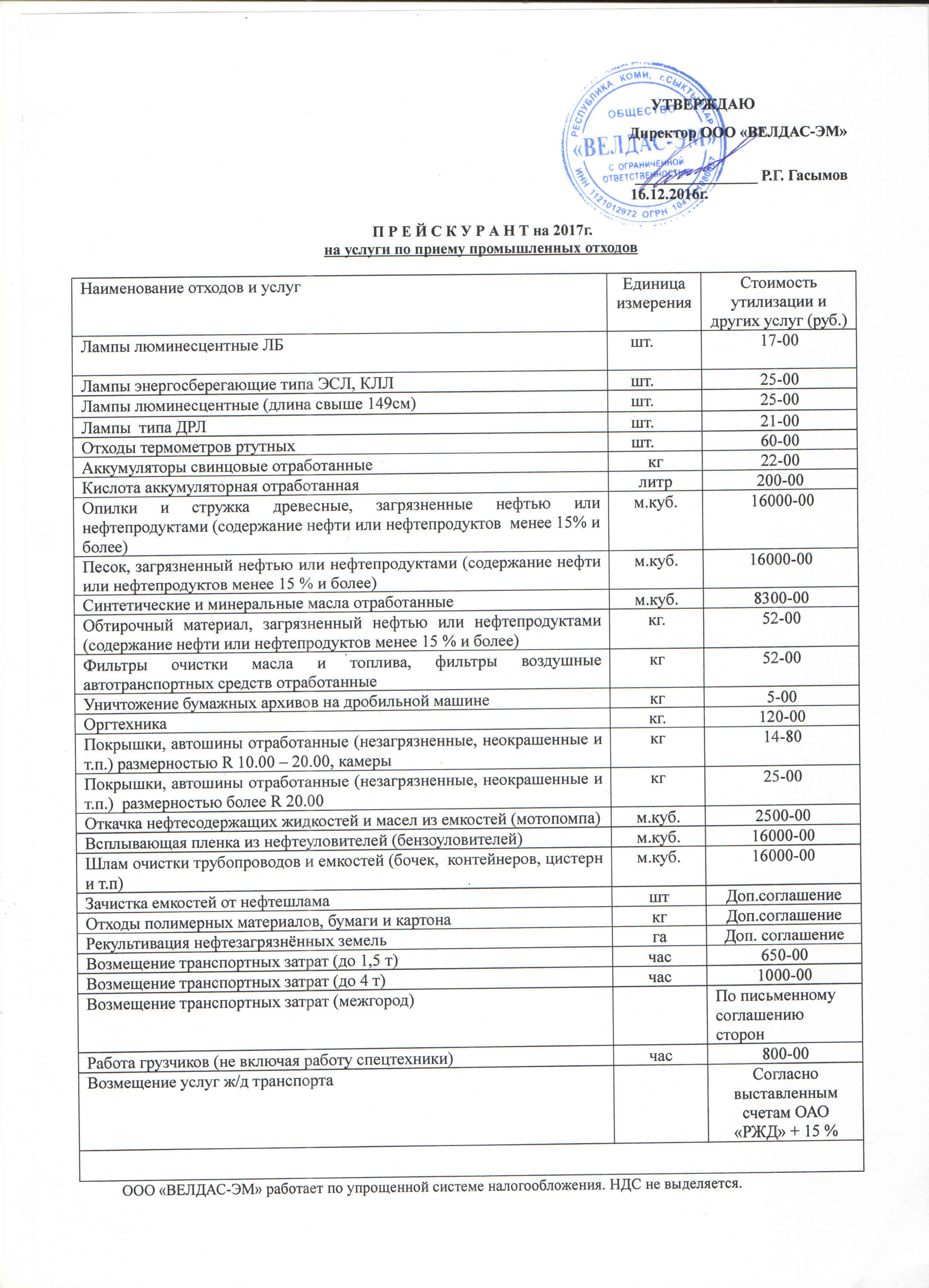 Прейскурант цен утилизация отходов