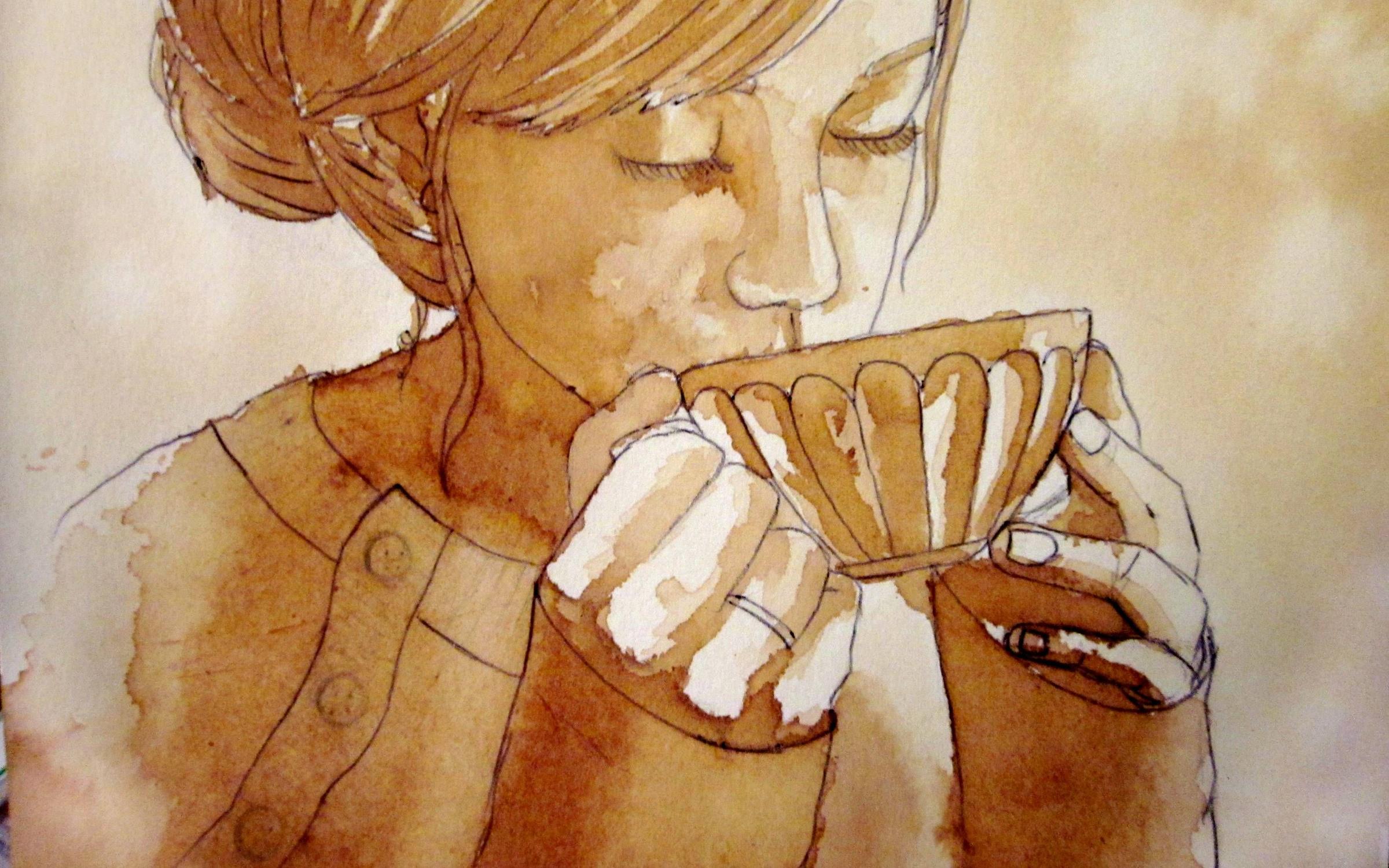Рисунок пьем чай. Пьет кофе арт. Кофейная живопись. Утренний кофе живопись. Человек с чашкой кофе арт.